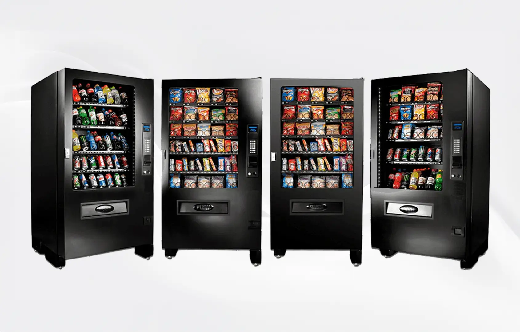 Three black vending machines stocked with various snacks and beverages against a light gray background.