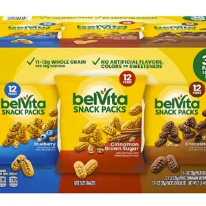 Three boxes of belVita Bites Breakfast Biscuits Variety Pack in blueberry, cinnamon brown sugar, and chocolate flavors, highlighting whole grain content and no artificial flavors or sweeteners.