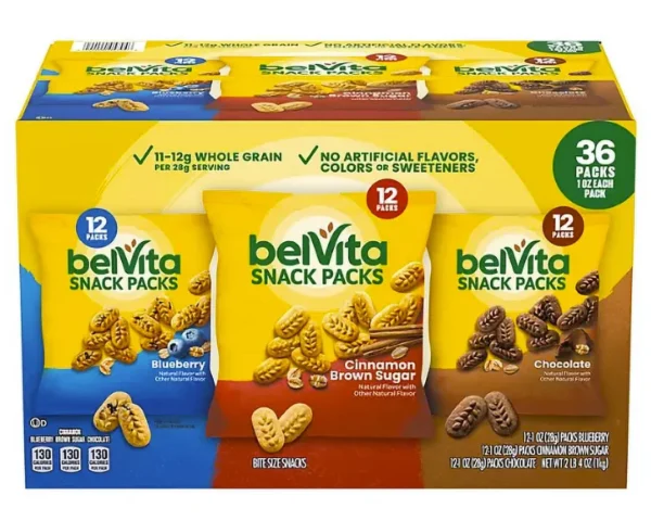 Three boxes of belVita Bites Breakfast Biscuits Variety Pack in blueberry, cinnamon brown sugar, and chocolate flavors, highlighting whole grain content and no artificial flavors or sweeteners.