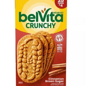 Box of belVita Cinnamon Brown Sugar Breakfast Biscuits displayed, highlighting nutritional information and package contents.