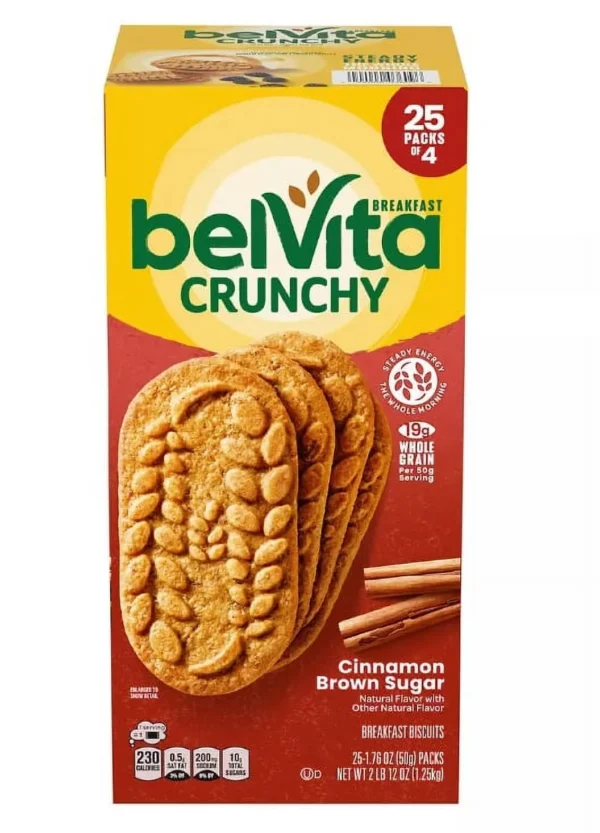 Box of belVita Cinnamon Brown Sugar Breakfast Biscuits displayed, highlighting nutritional information and package contents.