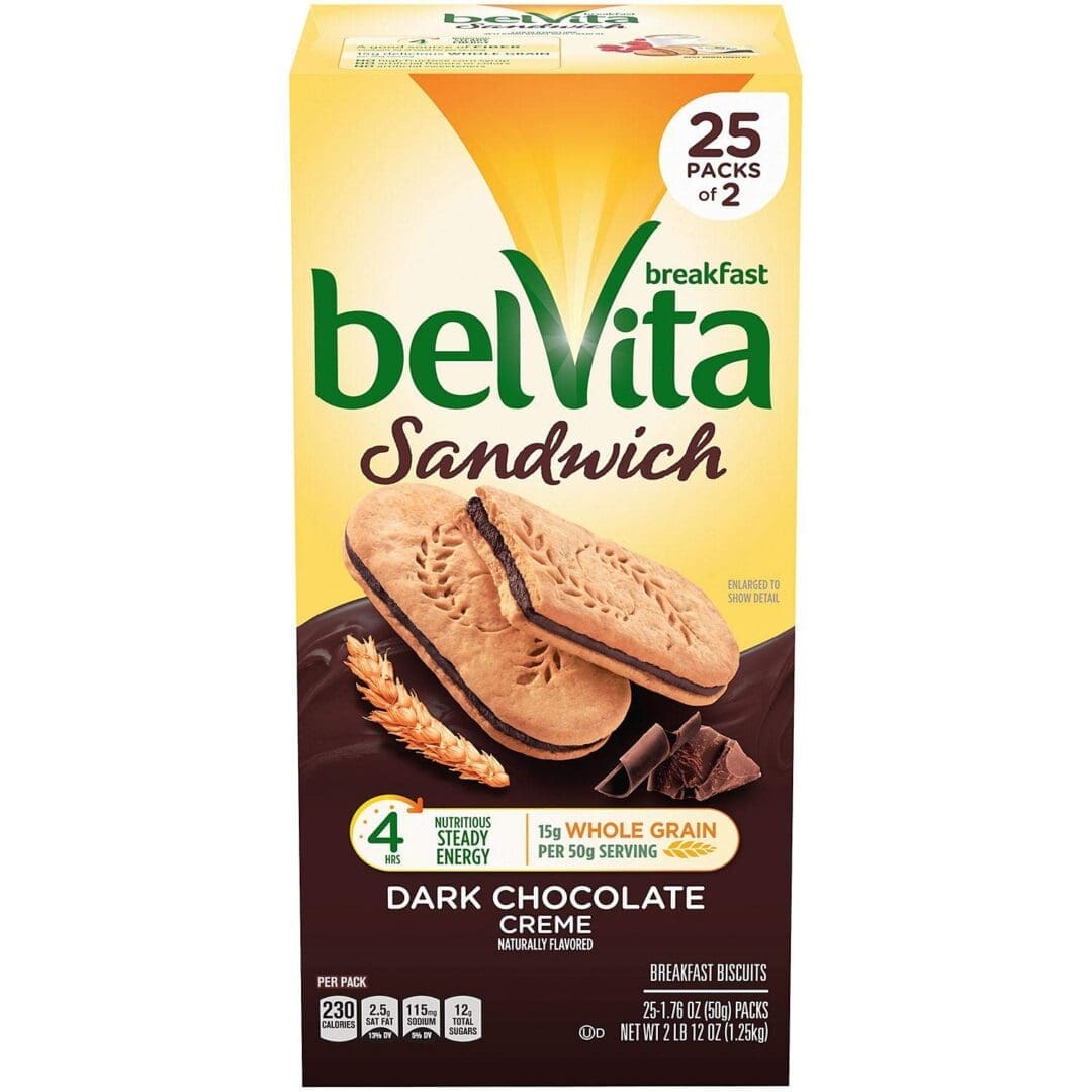 Box of belVita Dark Chocolate Creme Breakfast Biscuits, highlighting 25 packs, whole grain content, and nutritional information.