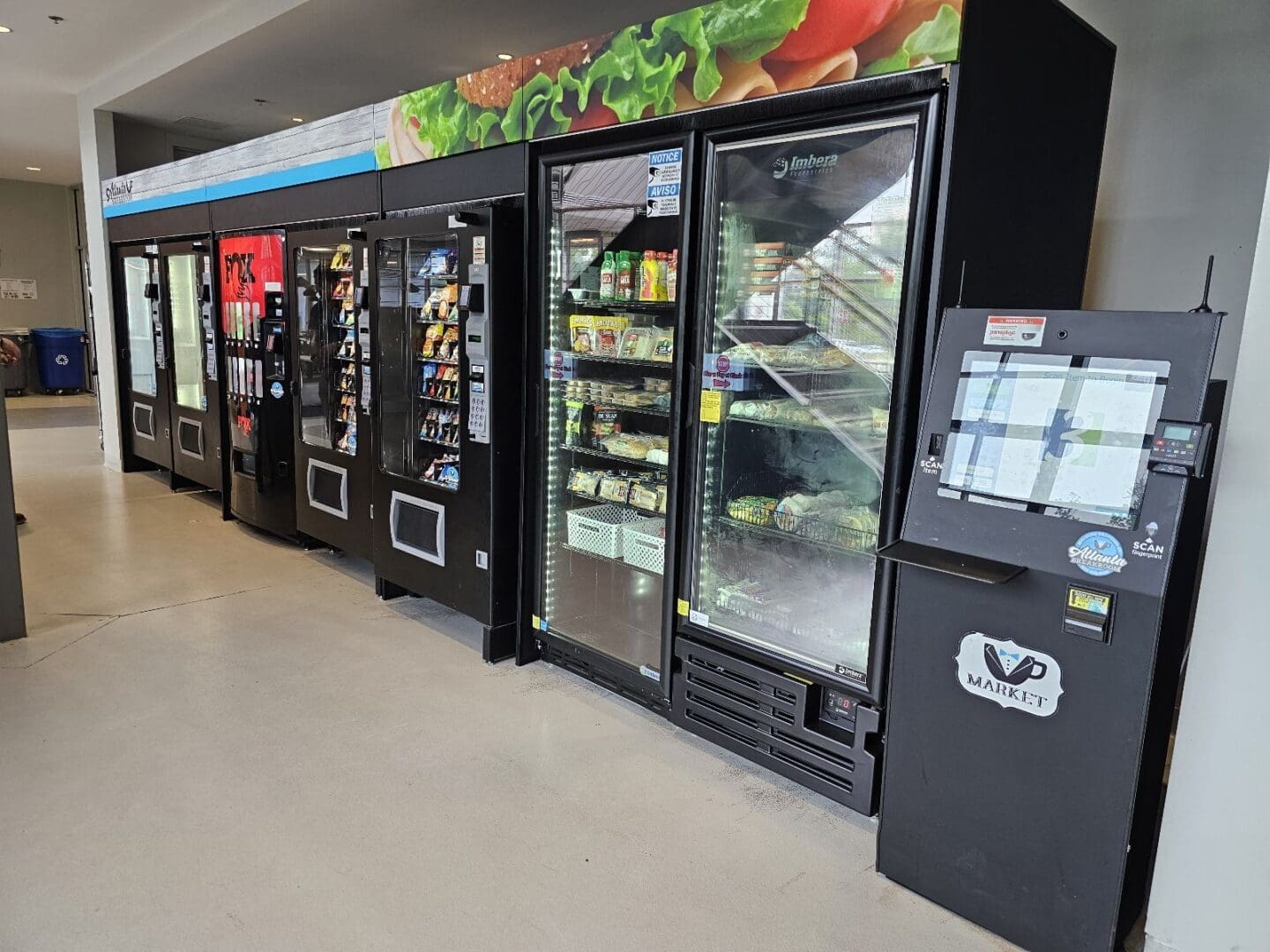 Vending machines and self-checkout kiosk.