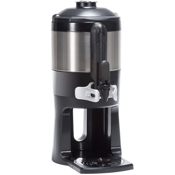 Stainless steel beverage dispenser with tap.