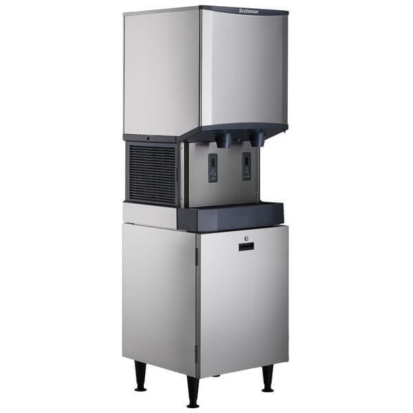 Stainless steel ice maker and dispenser.