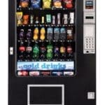 Black vending machine with snacks and drinks.