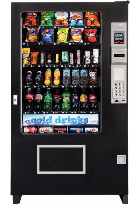 Black vending machine with snacks and drinks.