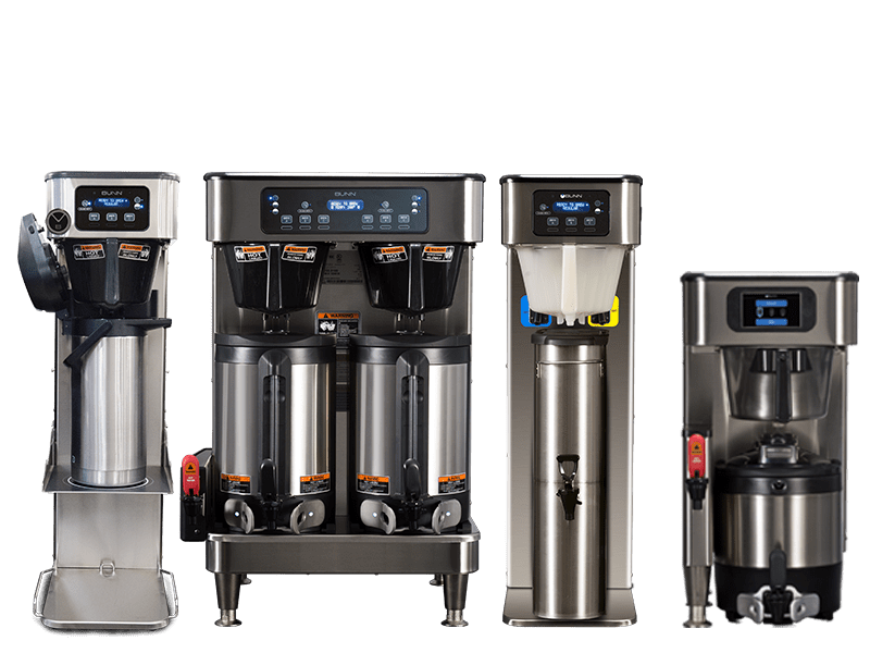 Four stainless steel commercial coffee makers.