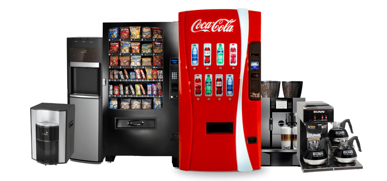 Vending machines with snacks, drinks, and coffee.