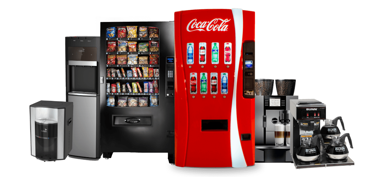 Vending machines with snacks, drinks, and coffee.