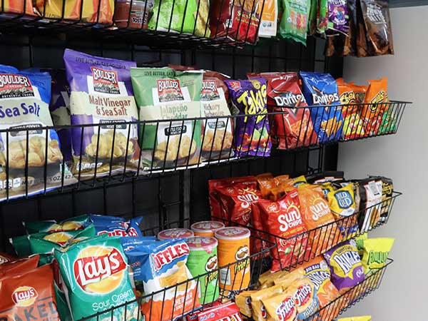 Variety of chips in wire baskets.